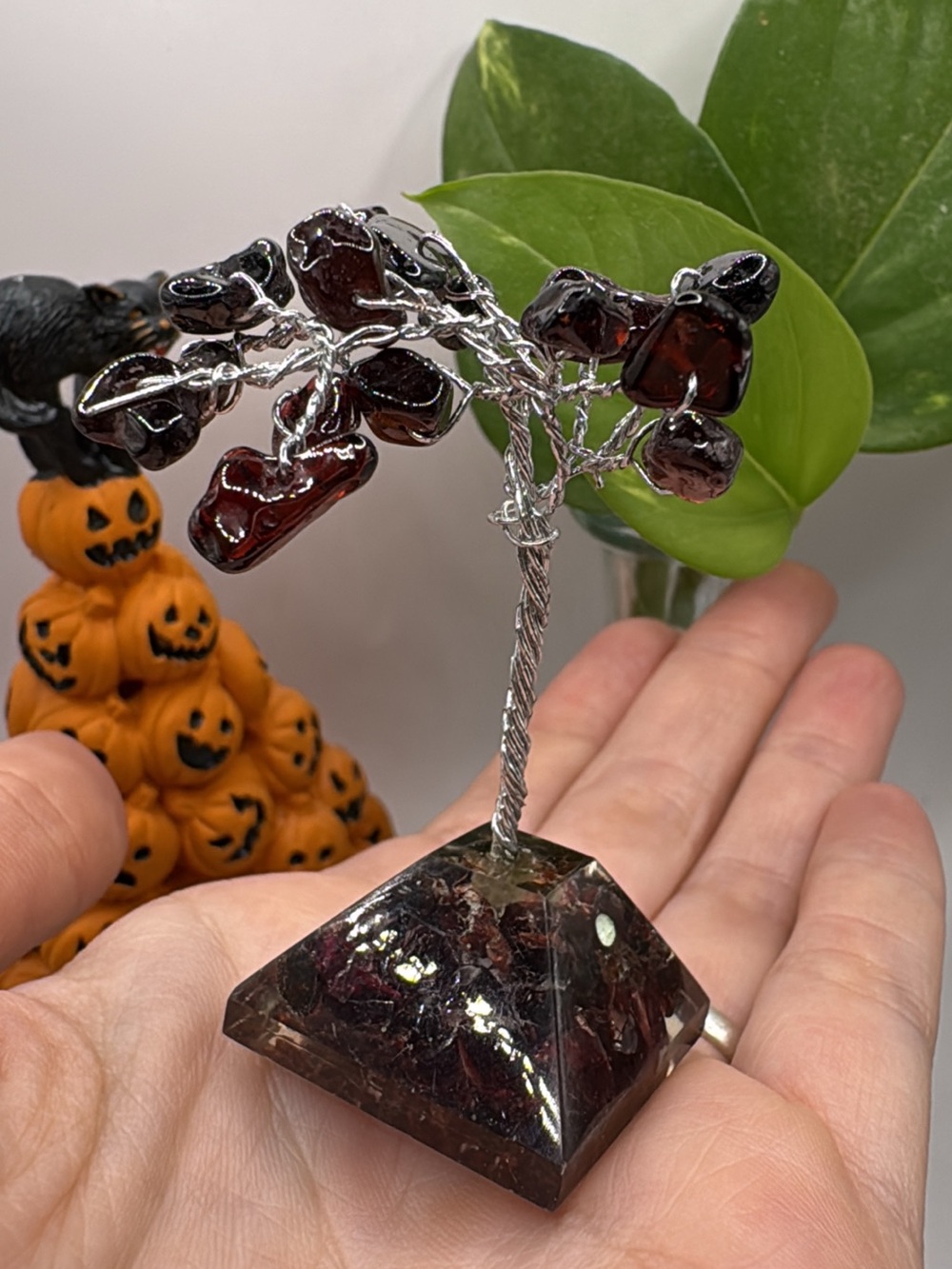 Handcrafted Garnet Tree Sculpture Necklace Display - Deep Red